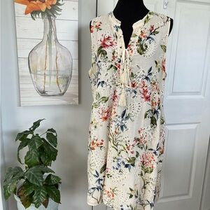 Jade by Johnny Was Cream and Green Floral Sleeveless Mini Dress